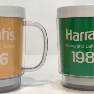 Harrah's Reno & Lake Tahoe, NV 1986 & 1982 Plastic Set Thermal Casino "His & Hers" Coffee Mugs (2) #1865