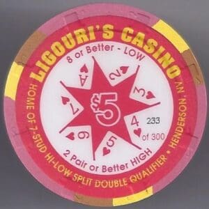 $5 Liguori's "7-Stud-Hi-Low" (233 of 300) Casino Chip (New) Henderson, NV #1332