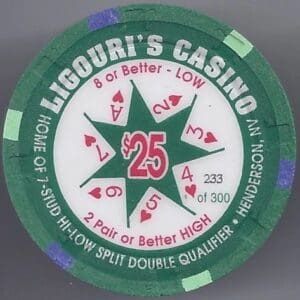 $25 Liguori's "7-Stud-Hi-Low" (233 of 300) Casino Chip (New) Henderson, NV #1333